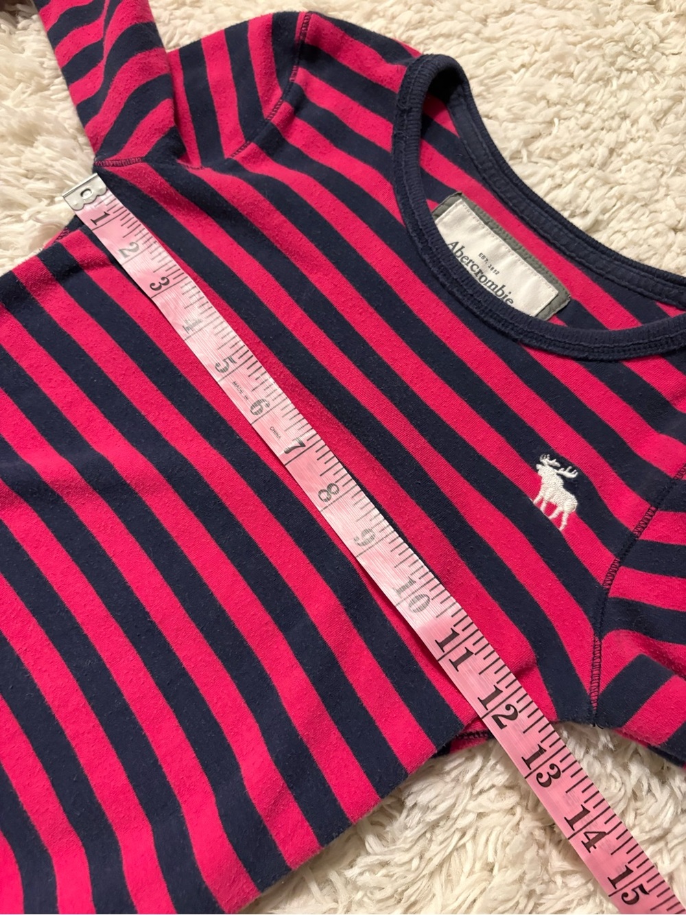 Y2K Abercrombie & Fitch Pink Navy Striped Moose Logo Long Sleeve Shirt - Picture 5 of 6